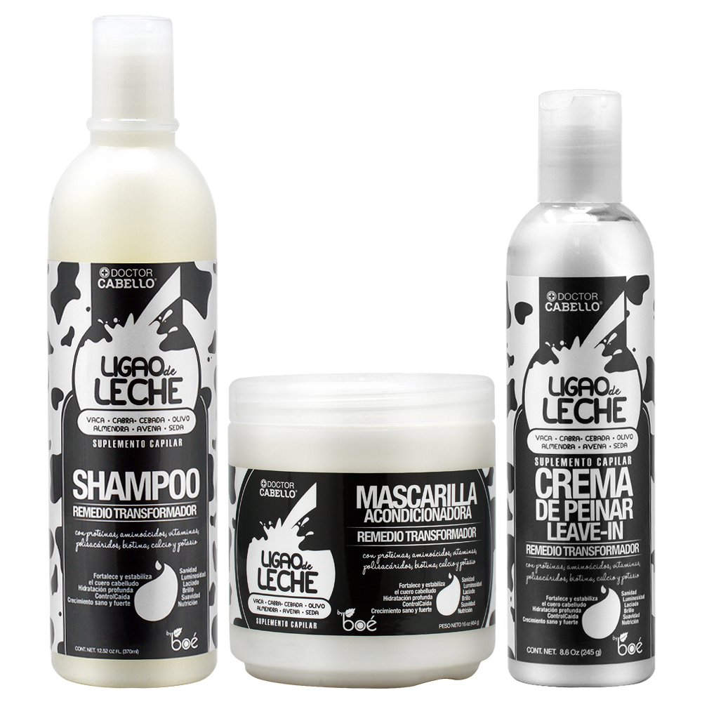 LIGAO DE LECHE BOE COMBO SHAMPOO HAIR TREATMENT LEAVEIN GOAT BARLEY SILK MILK